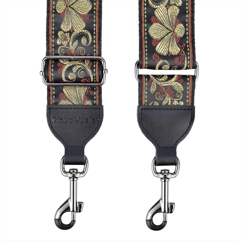 CLOUDMUSIC Banjo Strap Guitar Strap For Handbag Purse Jacquard Metallic Thread Pattern With Leather Ends And Metal Clips(Vintage Glittering Petal) - Image 3